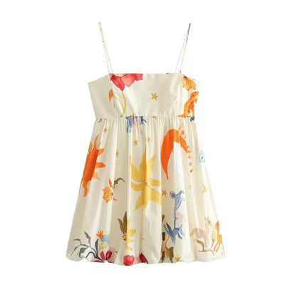 ZBZA Women's Suspender Print Dress Straight Neckline Spaghetti Straight Straps Zip Beach Mini Skirt Summer New Female Chic Dress