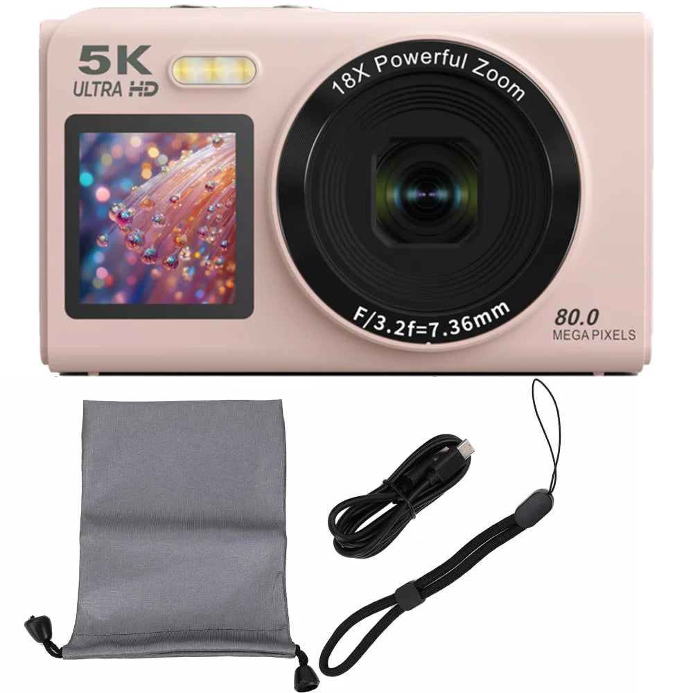 Digital Camera CCD Dual Screen Portable Digital Camera with18X Zoom 5K Vlogging Camera 80MP CCD Selfie Camera with 64GB Card