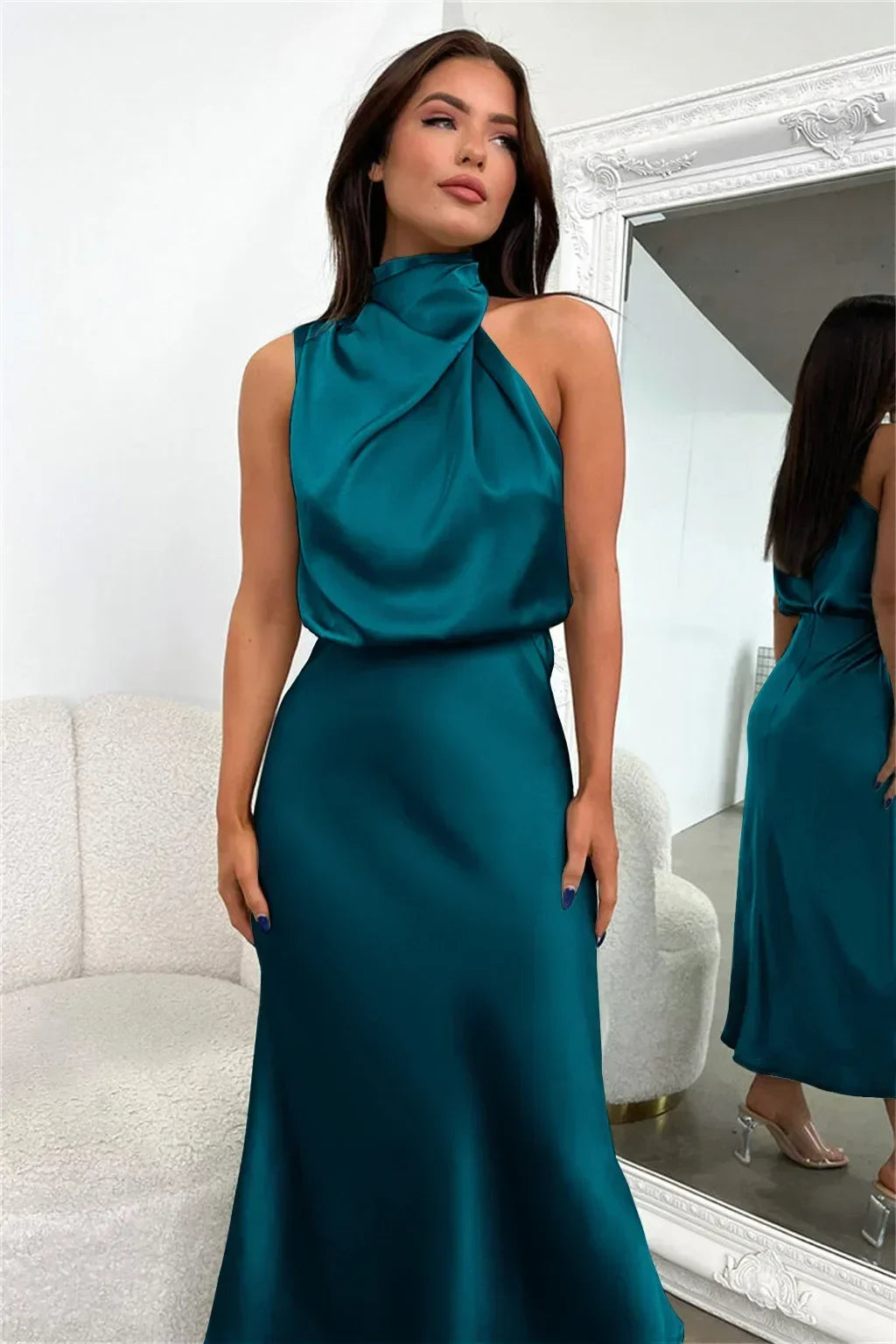 2025 Spring/Summer Long Dress for Women High Waist Halter Satin Sleeveless Dress Fashion Elegant Solid Evening Party Dresses