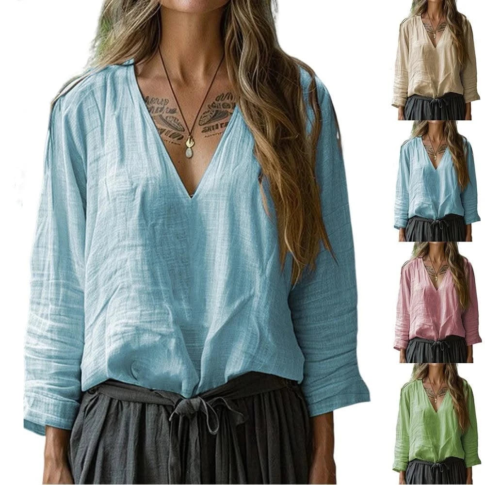 Women Cotton And Linen Top Spring Summer Fashion Casual V-Neck Long Sleeve Loose Pullover Tops Thin Lightweight Comfy Blouse Top