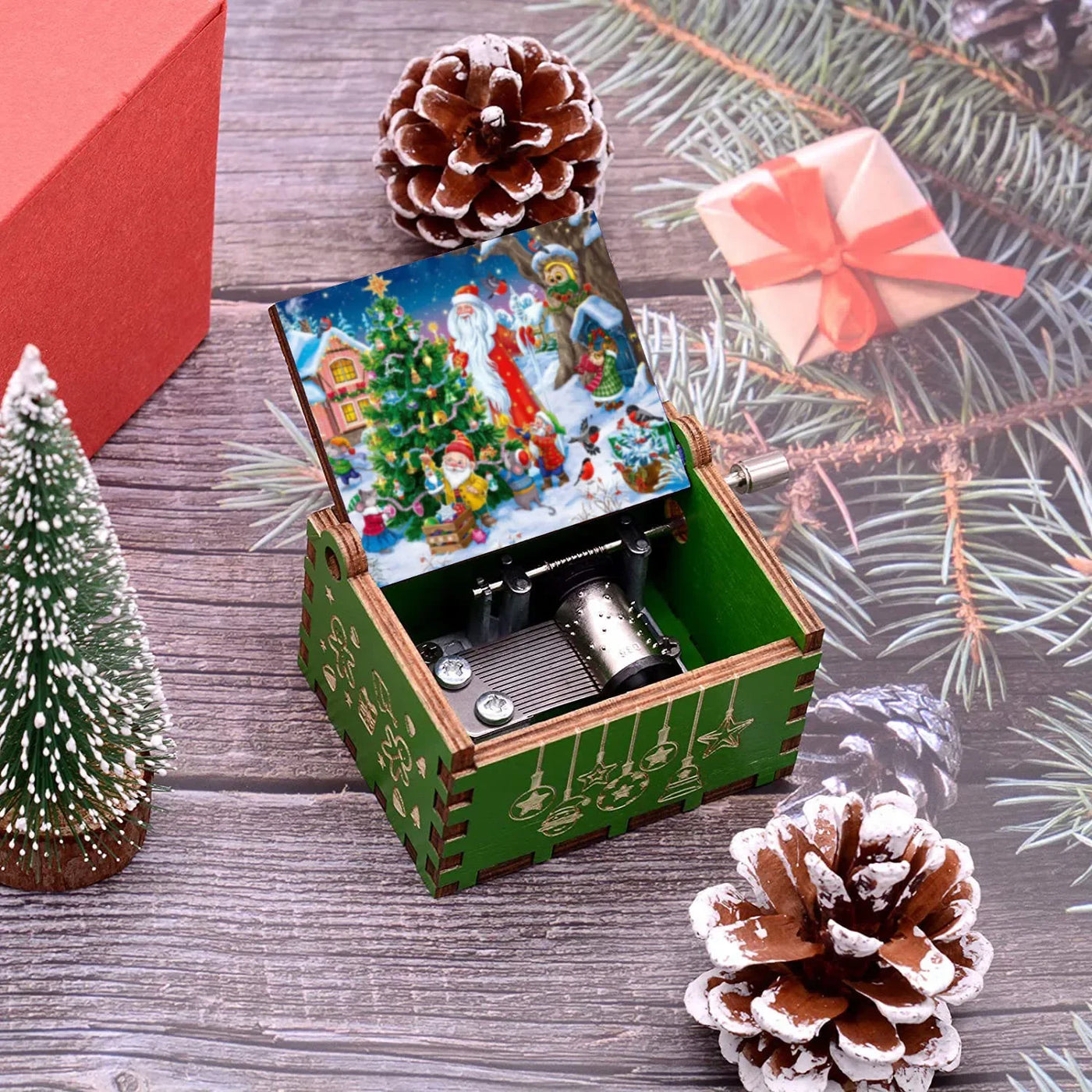 Merry Christmas Music Box Wooden Hand Cranked Music Box Vintage Happy New Year Music Box Gift Music Box Birthday Gift