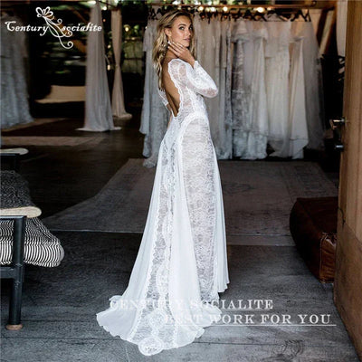Boho Wedding Dresses 2025 Long Sleeve Backless Lace Appliques Chiffon Sheath Bohemian Bridal Gowns Beach Bride Dress Customized