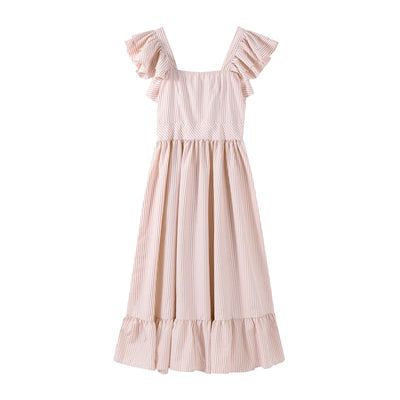 Ruffle Dress Women Fashion Backless A Line Slim Waist Striped Robe Female Flying Sleeves Buttons 2025 Summer Elegant Streetwear