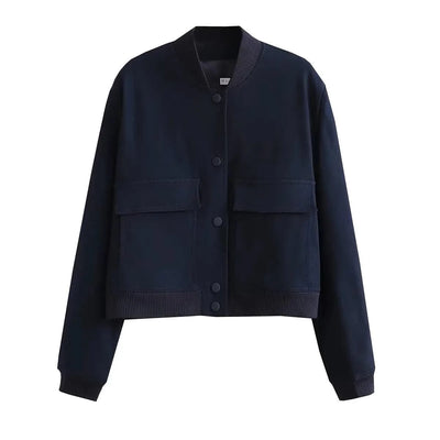 Women Fashion Solid Bomber Jackets Coat With Pockets V-Neck Single Breasted