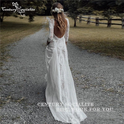 Boho Wedding Dresses 2025 Long Sleeve Backless Lace Appliques Chiffon Sheath Bohemian Bridal Gowns Beach Bride Dress Customized