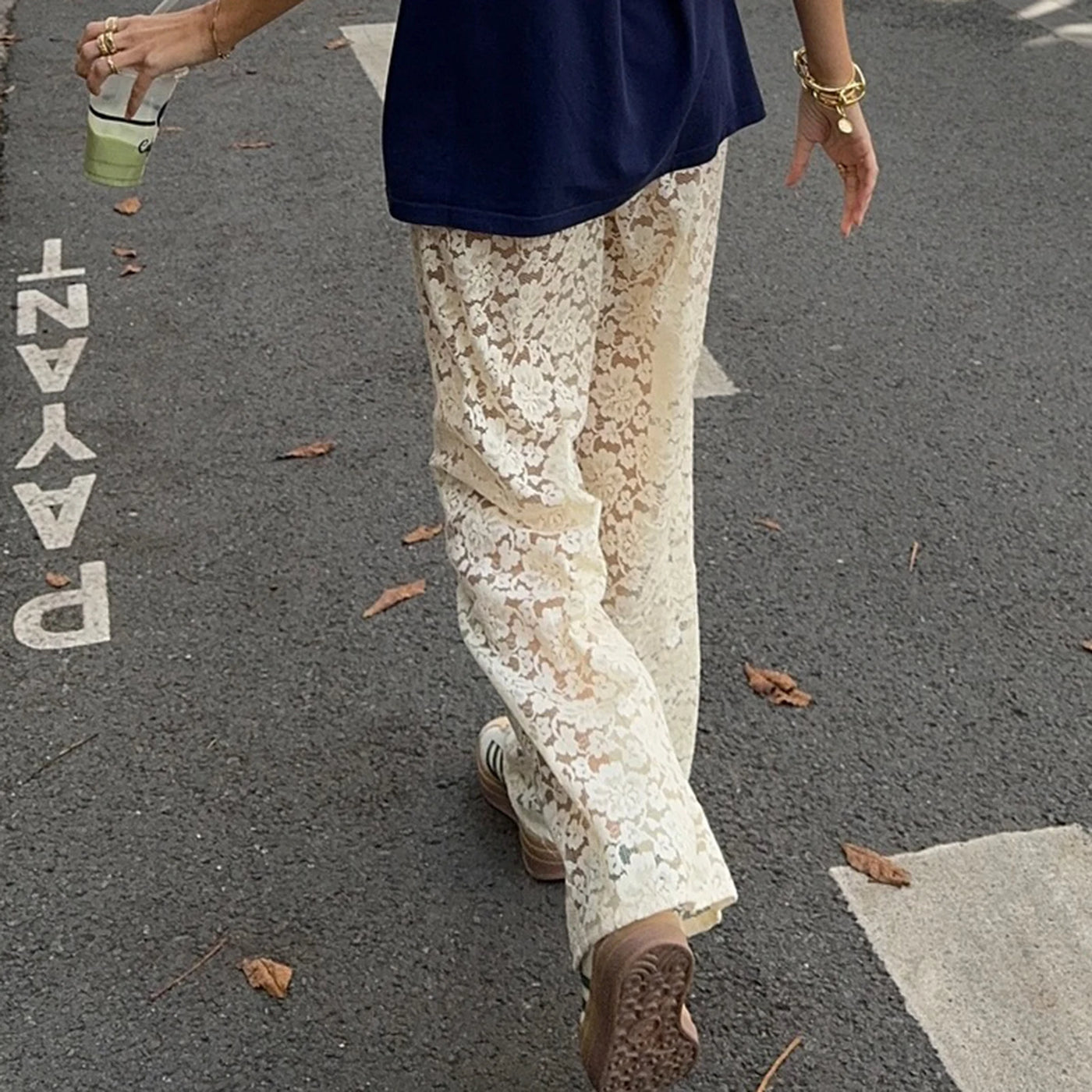 Women Fashion Lace Wide Leg Pants Casual Loose Sheer Lace High Waist Trousers for Work Office Streetwear