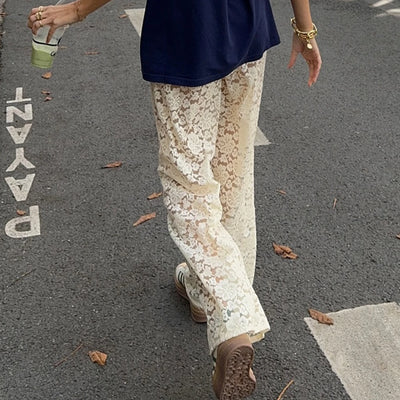 Women Fashion Lace Wide Leg Pants Casual Loose Sheer Lace High Waist Trousers for Work Office Streetwear
