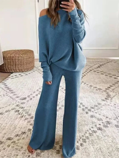 Autumn Winter Fashion 2pcs Suits 2024 Women Outfits Slanted Neck Off Shoulder Top Wide Leg Pants Two-piece Set Women Tracksuits
