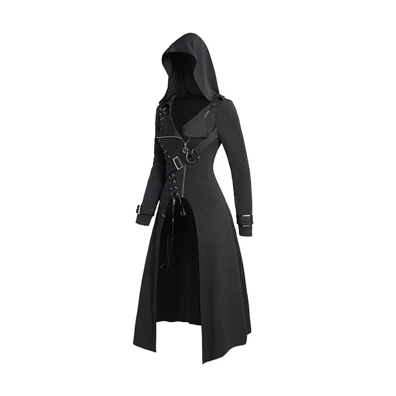 Dressfo 2024 New Women's Coats Punk Gothic Hooded Coat Plain Color Lace Up Zip Coat Black Tops Trench Coat Gabardina