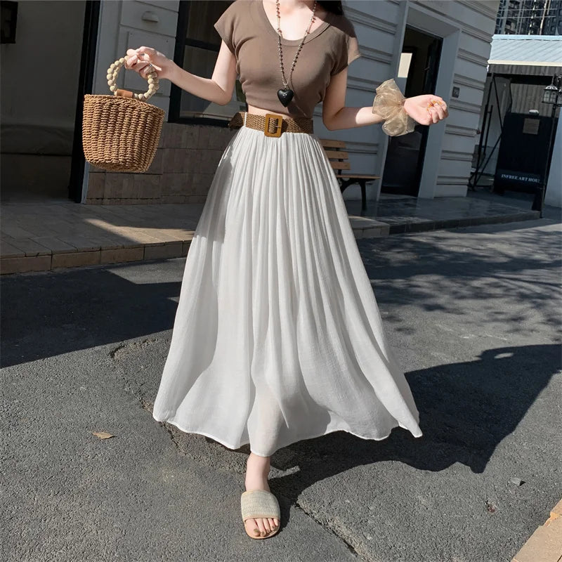 2025 New High Waisted Cotton Linen Pleated Midi Skirt – Summer Flowy A-Line Maxi Skirt for Women, Breathable & Elegant