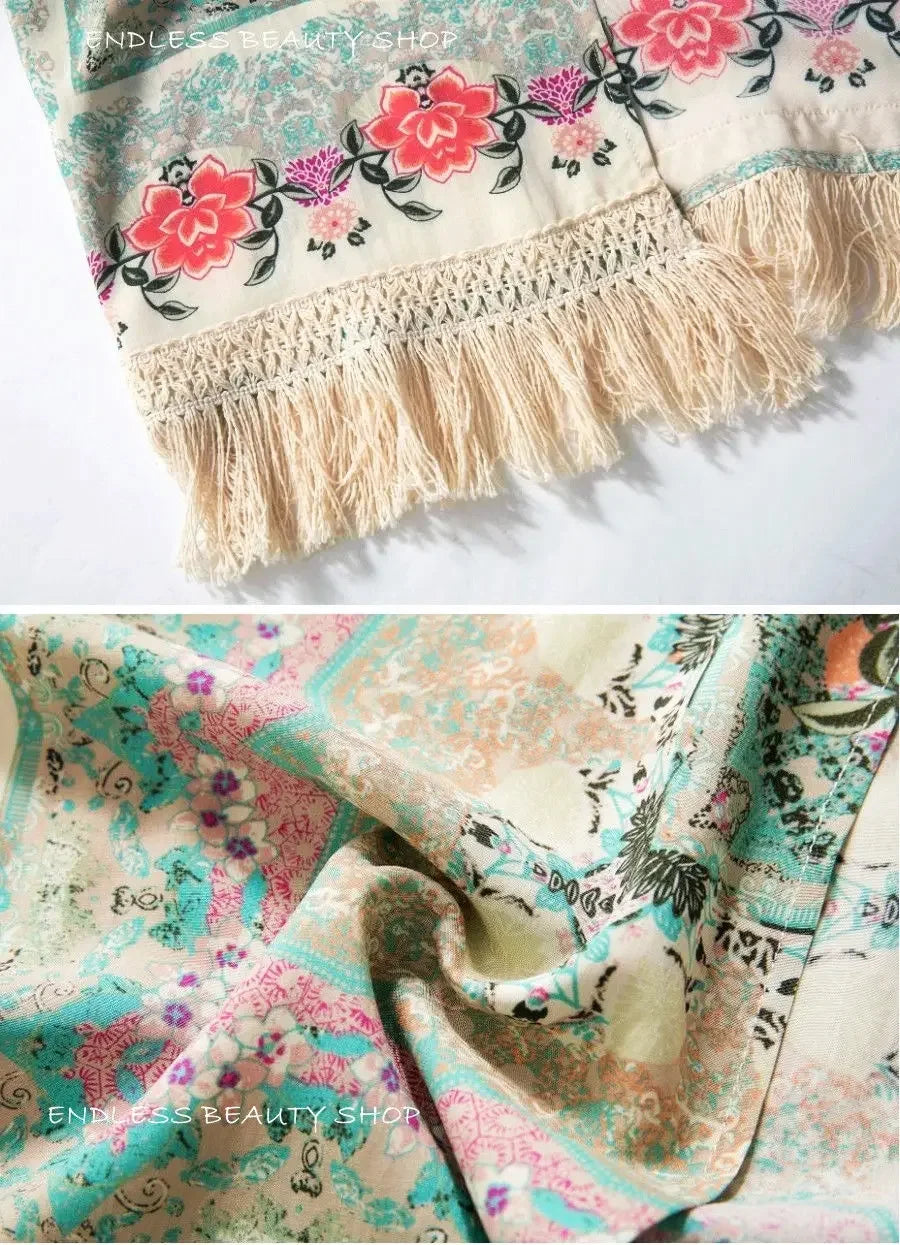 Women Shirts Summer Holiday Boho Floral Print Thin See Through Tassel Half Sleeve Cardigan Beachwear Cape Shirts Woman Tops