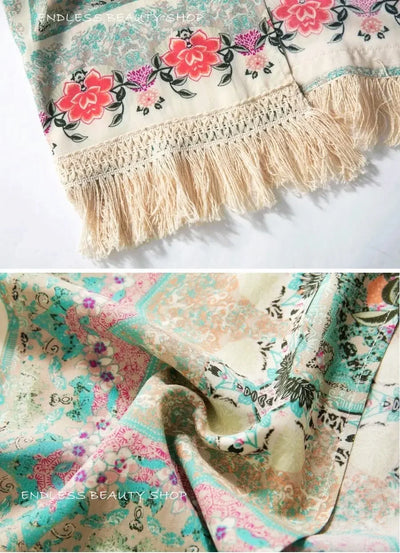 Women Shirts Summer Holiday Boho Floral Print Thin See Through Tassel Half Sleeve Cardigan Beachwear Cape Shirts Woman Tops