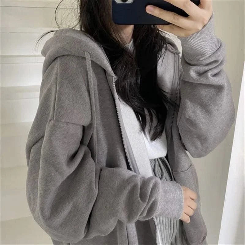 Korean Fashion Zipper Hood Sweatshirt Women Autumn Long Sleeve Tops Casual Y2K Hoodies Streetwear Harajuku Loose Jackets Coats