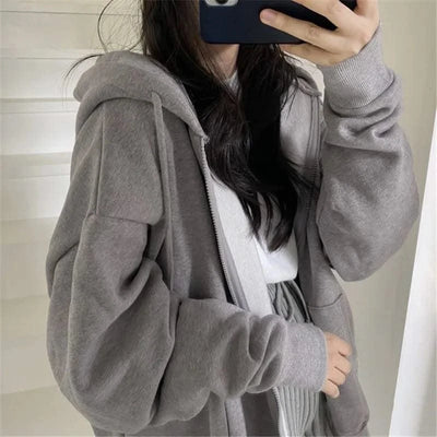 Korean Fashion Zipper Hood Sweatshirt Women Autumn Long Sleeve Tops Casual Y2K Hoodies Streetwear Harajuku Loose Jackets Coats