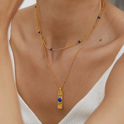 Lapis Lazuli CZ 925 Silver Gold Plated Hammered Bar Pendant Necklace Women Blue Stone Geometric Trendy Dainty Luxury Necklaces