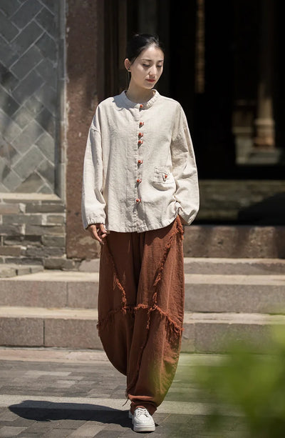 Cotton Linen Women's Literary Vintage Ramie Tops Shirt Women's Patchwork Colour Plate Button Lapel Cardigan Jacket Chinese Style