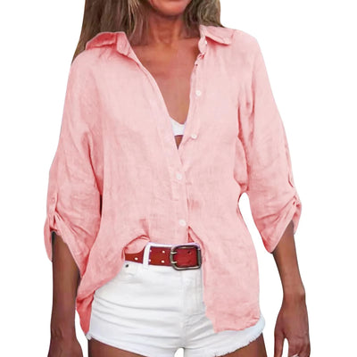 Women Cotton Linen Blouse Shirt Summer Female Turn Down Collar Three Quarter Loose Blouse Tops Woman shirts & blouses