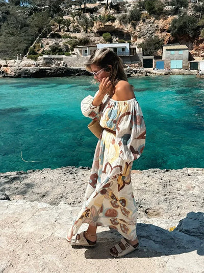 Women Elegant Printed Cotton Linen 2-piece Sets Fashion Long Sleeves Slim Fit Tops Long Skirt Set Lady Summer High Street Wear