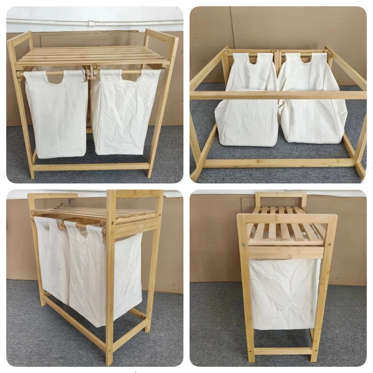 Double Laundry Hamper with Shelf Wooden Storage Bin with Removable Bags 2 Sections Organize Sorter Bamboo Basket with Handles
