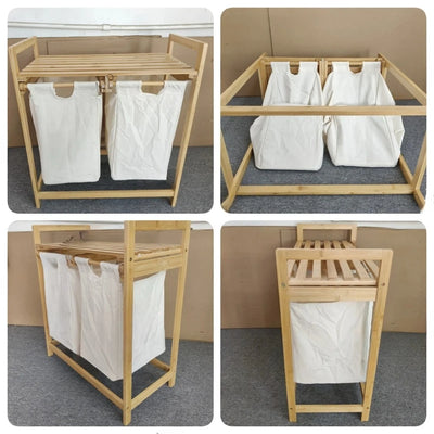 Double Laundry Hamper with Shelf Wooden Storage Bin with Removable Bags 2 Sections Organize Sorter Bamboo Basket with Handles