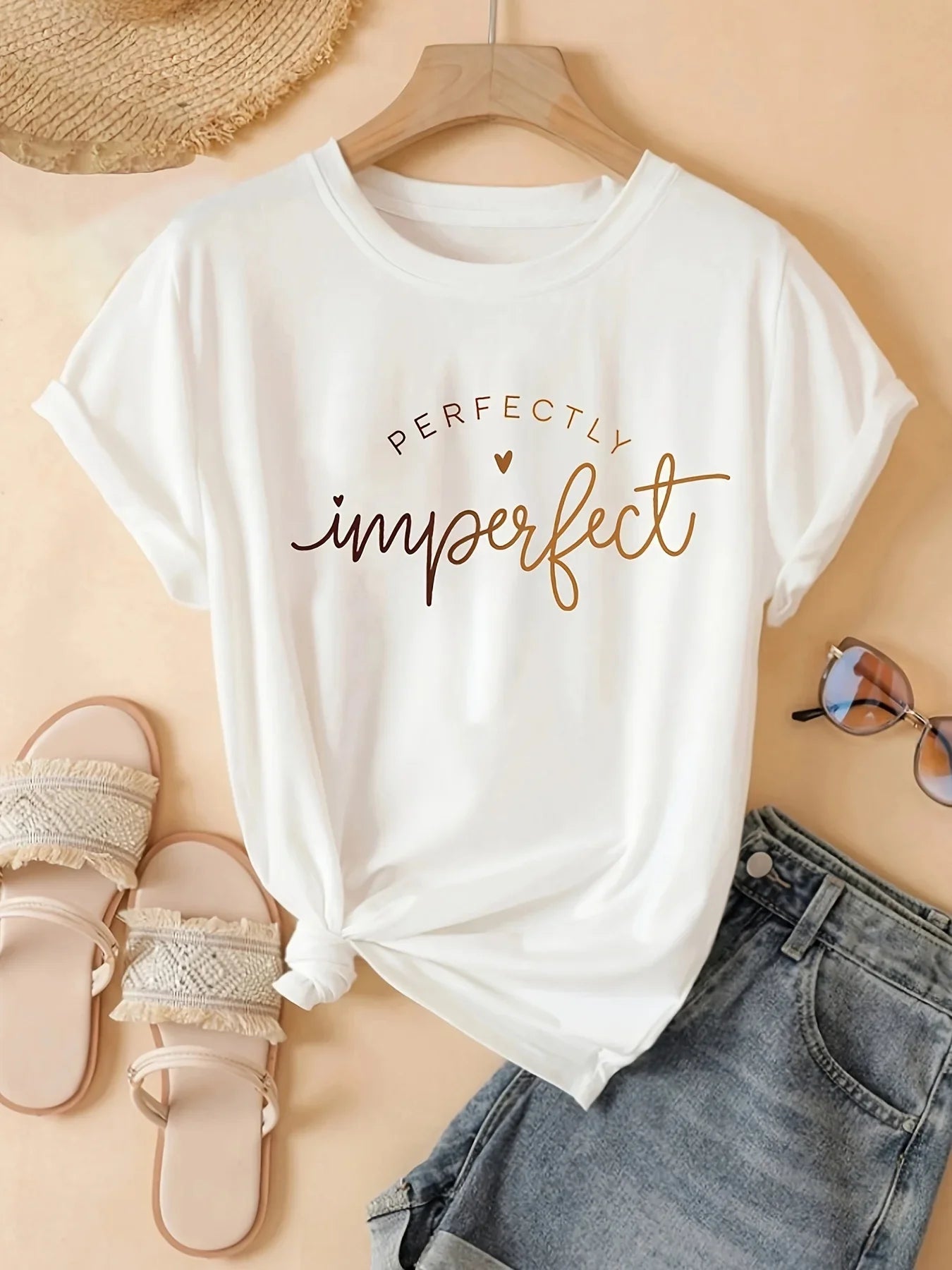 Women'S Casual Crew Neck T-Shirt with Perfectly Imperfect Slogan Polyester Knit Fabric Sprin Summer Fashion Top women clothes
