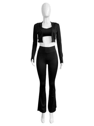 2024 Autumn Solid Women Tracksuits Slim 3 Piece Sets Tank Crop Tops + Zipper Long Sleeve Jackets + High Waist Flare Pants Suits