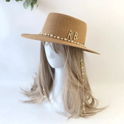 New Women Summer Hats Straw Sun Hat Panama Elegant Straw Fedoras Lady Girl Outdoor Vacation with Pearl Chain Sunshade Beach Hat