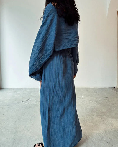 Casual Solid Cotton Linen 2 Piece Sets Spring O Neck Crop Top High Waist Slit Women Skirt Outfit Summer Flare Sleeve Hollow Suit