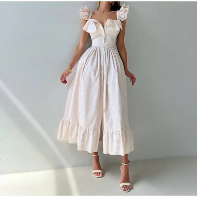 Ruffle Dress Women Fashion Backless A Line Slim Waist Striped Robe Female Flying Sleeves Buttons 2025 Summer Elegant Streetwear