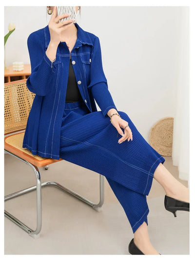 Wrinkle fashion casual suit for women high-end and casual loose fit plus size shirt collar top straight leg pants [20240514]