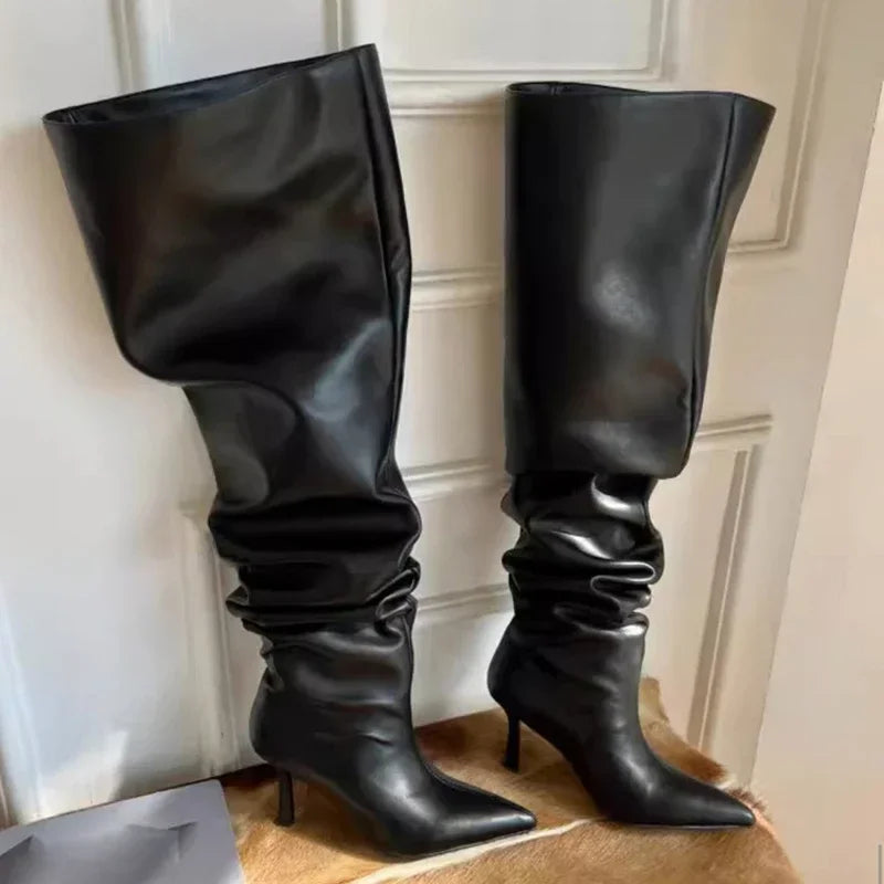 2024 Style Fashion Pointed Toe Boots Pleated Over-the-Knee Boots Women’s Wide Cowboy Boots for Women