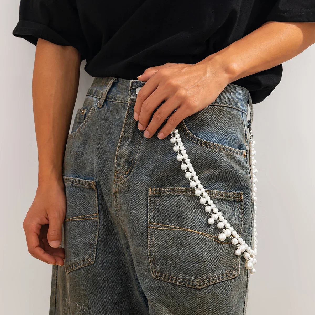 IngeSight.Z Men Hip Hop Multilayer Imitation Pearl Jeans Pants Keychain Chain Women Trousers Hipster Pant Chain Party Decoration