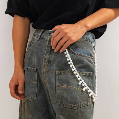 IngeSight.Z Men Hip Hop Multilayer Imitation Pearl Jeans Pants Keychain Chain Women Trousers Hipster Pant Chain Party Decoration