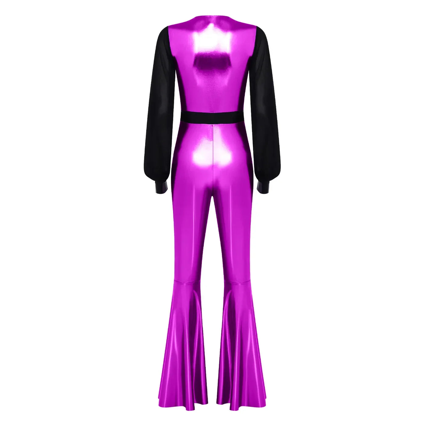 Womens Vintage 70s 80s Disco Dance Jumpsuit Mesh Long Sleeve Bell Bottom Pants Metallic Shiny Rompers Bodysuit Halloween Costume