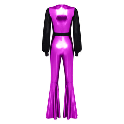 Womens Vintage 70s 80s Disco Dance Jumpsuit Mesh Long Sleeve Bell Bottom Pants Metallic Shiny Rompers Bodysuit Halloween Costume