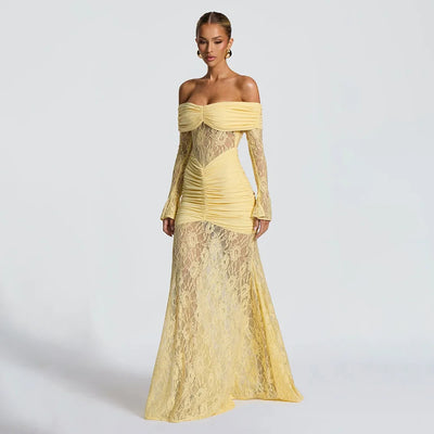 Woman Clothing Lace Patchwork Evening Dress 2025 Autumn Sexy Slash Neck Long Sleeve Folds Party Gown Lady Long Maxi Prom Dresses