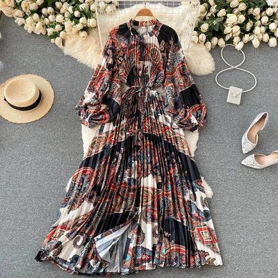 Retro Print Elegant Pleated Lace-up Chiffon Long Sleeve Dress A-line Blouse French Casual V-neck High Waist Women Summer Dresses