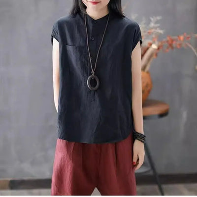 Artistic Style Cotton Linen Short Sleeves Shirt for Women Summer Solid Loose Stand Collar Temperament Top Fashion Women Clothing