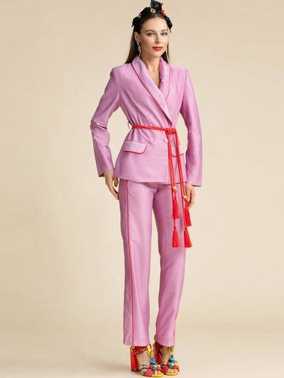 LD LINDA DELLA Fashion Designer Autumn Purple Pants Suit Women's Slim Long sleeve Belted Blazer and Pants Two Pieces Sets
