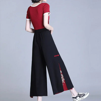 Fashion Women Trousers High Waist Wide Leg Pants Chiffon Slit Culottes Cheap Wholesale Elastic Waist Cropped Pants Free Shipping