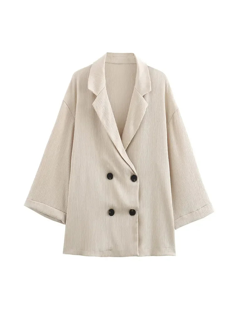 2024 Autumn Women Casual Blazer Coat Pants Set Long Sleeve Double Breasted Blazer + Wide Leg Trousers Lady Office Outfit