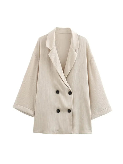 2024 Autumn Women Casual Blazer Coat Pants Set Long Sleeve Double Breasted Blazer + Wide Leg Trousers Lady Office Outfit