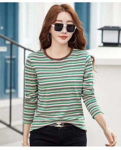 2024 New Women Clothing Crew Neck Striped Bottom Shirt Spring and Autumn Long Sleeve Tops T-Shirt Loose Interior Casual Top