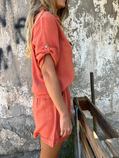 Women Casual Two Piece Outfits Short Sleeve Button Down Oversized Shirts and Drawstring Shorts Sets Summer Loungewear Streetwear