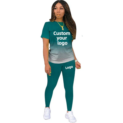 Two Piece Set Women Tracksuits Sets DIY Printed Personality Short Sleeve T shirts + Pants Sports Suit Custom your logo For Women