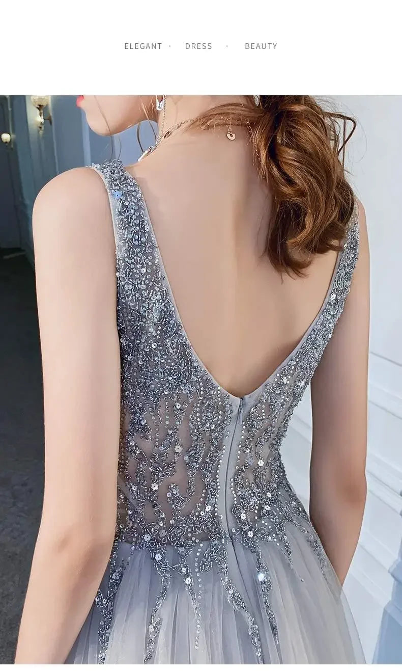 Women's Evening Dresses Sexy V-neck Luxury Formal Party Gown Backless Beads Sequins Tulle Side Split Banquet Evening Dress
