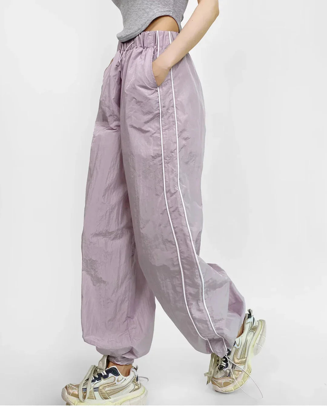 Women's Wide-Leg Joggers Adjustable Ankle Cuffs Side Stripes Drawstring Waist Lightweight Streetwear