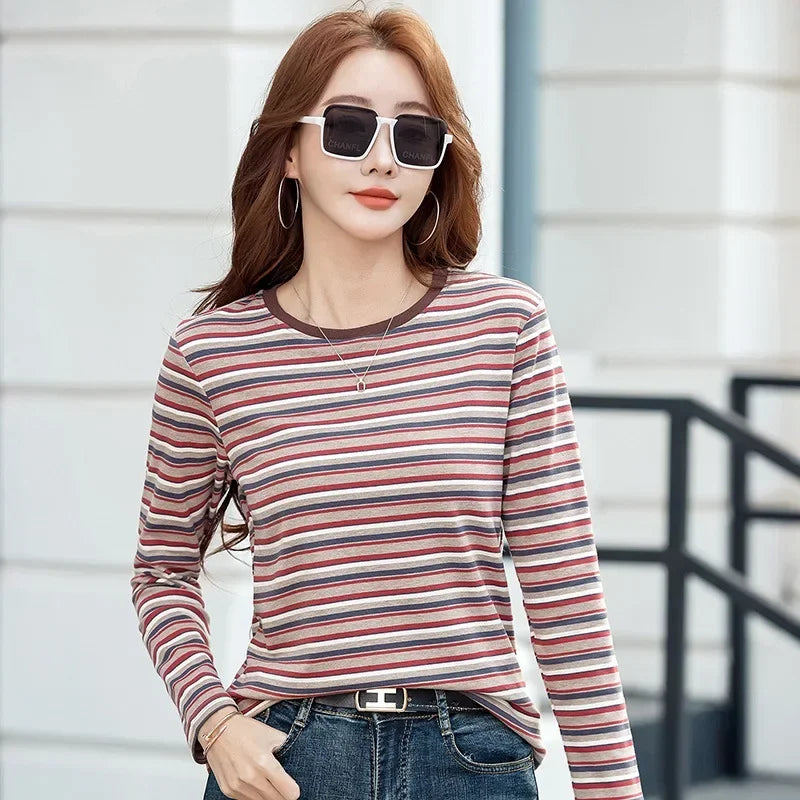 2024 New Women Clothing Crew Neck Striped Bottom Shirt Spring and Autumn Long Sleeve Tops T-Shirt Loose Interior Casual Top