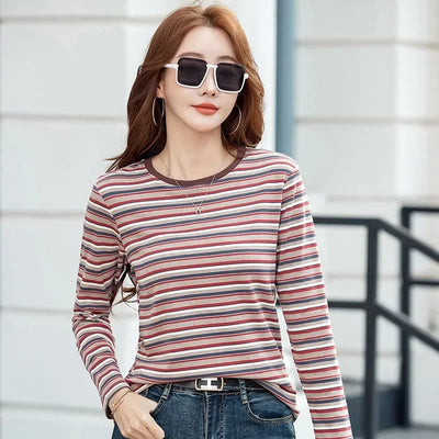 2024 New Women Clothing Crew Neck Striped Bottom Shirt Spring and Autumn Long Sleeve Tops T-Shirt Loose Interior Casual Top