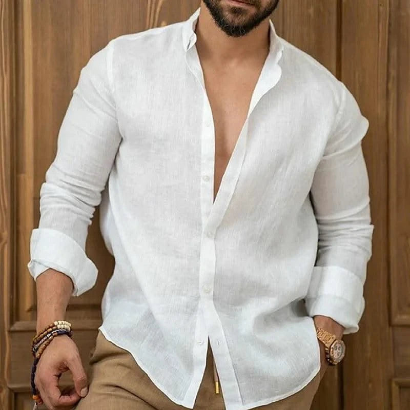 Men's Linen Shirt Summer Shirt Beachwear Button Casual Shirt Black White Pink Long Sleeve Solid Color Lapel Spring Summer 6XL